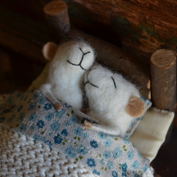 Sleeping Married Sweet Tiny Mice - unique - needle felted ornament animal, felting dreams made to order