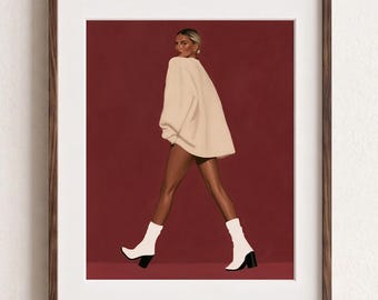 Modern Fashion Feminine Wall Art, Pink Woman Poster, Burgundy Wall Decor