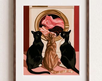 Funny Cat Laundry Room Wall Art, Burgundy Powder Room Decor, Pink Bathroom Poster, Quirky Utility Room Art