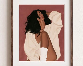 Pink Woman Portrait Poster, Burgundy Bedroom Decor, Modern Female Art