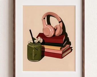 Books and Matcha Wall Art, Book Lover Poster, Cozy Bedroom Wall Decor