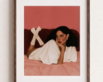 Pink Feminine Wall Art, Burgundy Woman Bedroom Poster, Maroon Wall Decor, Retro Feminine Art