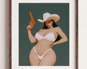 Green Cowgirl Wall Art, Western Pin Up Poster, Outlaw Feminine Decor, Bold Bedroom Illustration