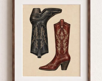 Cowboy Cowgirl Wall Art, Western Couple Poster, His and Hers Boots, Romantic Rustic Decor