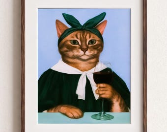 Funny Cat Wall Art, Funky Wine Lover Poster, Quirky Kitchen Animal Print