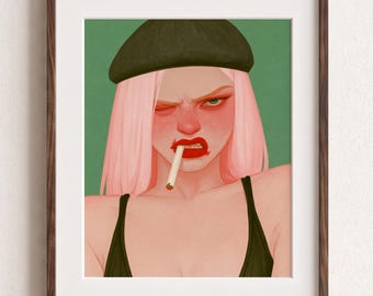 Grunge Feminine Wall Art, Pink Hair Woke Poster, Edgy Baddie Decor, Colorful Bedroom Illustration