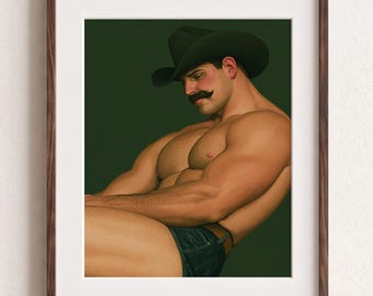 Gay Man Poster, Green Masculine Decor, Retro Queer Bedroom Illustration, Quirky Male Wall Art