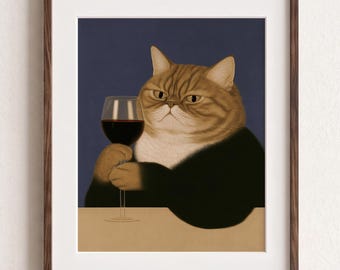 Funny Cat Wall Art, Wine Lover Poster, Quirky Animal Decor, Kitchen Bar Illustration