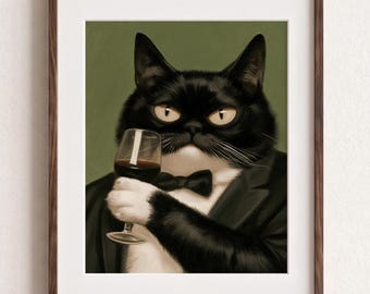 Green Funny Cat Wall Art, Wine Lover Poster, Funky Animal Decor, Quirky Kitchen Illustration