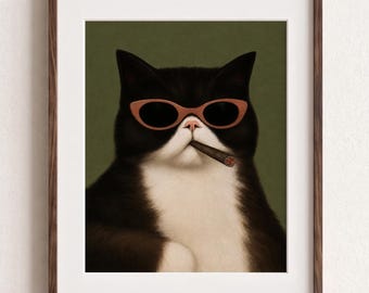 Funny Cat Wall Art, Quirky Pet Lover Decor, Funky Olive Green Animal Print