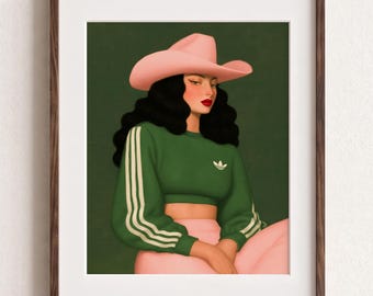 Pink Cowgirl Wall Art, Western Fashion Poster, Green Feminine Decor, Retro Bedroom Illustration