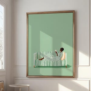 Woman Reading On Striped Sofa Illustration — Minimal Lifestyle Fine Art Wall Art