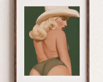 Western Pin Up Poster, Sensual Feminine CowgrilDecor, Retro Bedroom Wall Art