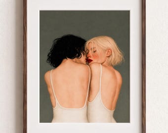 Lesbian Kiss Wall Art, WLW Couple Poster, Sapphic Love Decor, Romantic Feminine Illustration