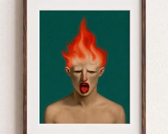 Surreal Dopamine Wall Art, Funky Man on Fire Poster, Colorful Maximalist Decor