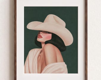 Green Cowgirl Wall Art, Western Fashion Poster, Feminine Decor, Chic Bedroom Illustration