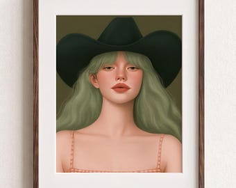 Funny Cowgirl Wall Art, Western Aesthetic Poster, Sage Green Feminine Decor, Modern Bedroom Portrait