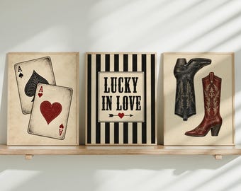 Western Couple Wall Art Set of 3, Lucky in Love Prints, Cowboy Cowgirl Decor, Romantic Gallery