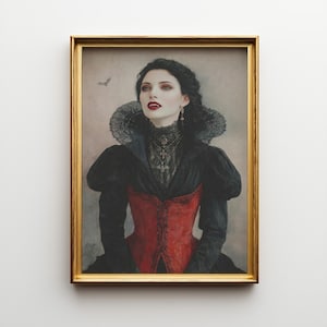 May include: A framed portrait of a woman in gothic attire. She wears a black velvet jacket with a fur collar over a red corset. The portrait is in a gold frame, with a bat in the background.