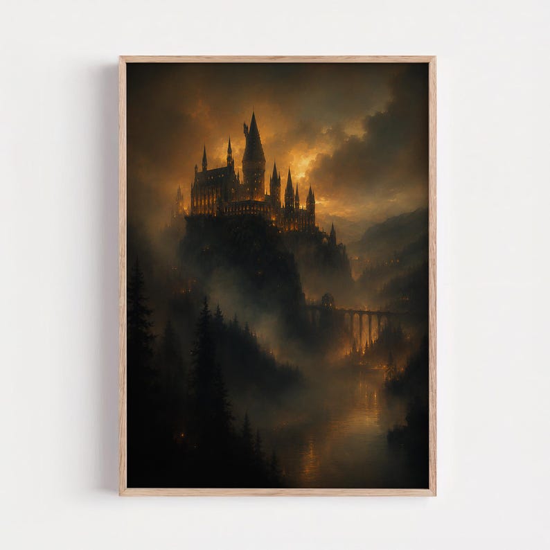 Puede incluir: Una impresi&oacute;n de arte mural enmarcada que representa un gran castillo de piedra con m&uacute;ltiples torres situado sobre una monta&ntilde;a oscura y escarpada. La escena est&aacute; envuelta en una espesa niebla e iluminada por un c&aacute;lido resplandor dorado de atardecer.