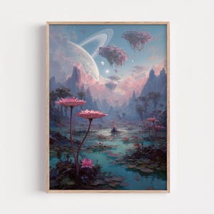 Peut inclure: Une impression d'art mural encadrée représentant un paysage extraterrestre surréaliste avec une grande planète à anneaux dans le ciel. Des fleurs roses semblables à des lotus poussent dans un étang bleu au premier plan, tandis que des îles flottantes et des montagnes déchiquetées remplissent l'arrière-plan brumeux.