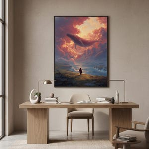 Impresión de arte surrealista, pintura surrealista onírica de ballena en el cielo / Decoración de pared imagen 4