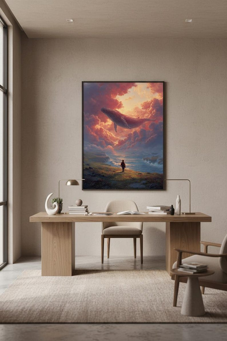 Impresión de arte surrealista, pintura surrealista onírica de ballena en el cielo / Decoración de pared imagen 4