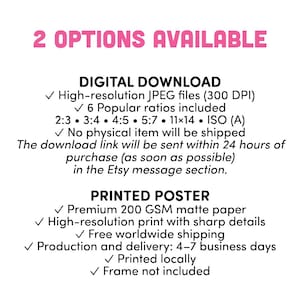 May include: A white informational graphic with black text titled 2 OPTIONS AVAILABLE. It lists DIGITAL DOWNLOAD details including high-resolution JPEG files, 6 ratios, and delivery info. It also lists PRINTED POSTER details including 200 GSM matte paper.