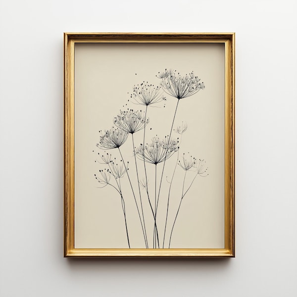 Luchtige botanische lijnkunstprint, zwartbeige decor, minimalistische muurkunst (digitale download)