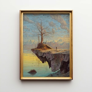 May include: A framed landscape painting depicts a surreal scene with a tree on a cliff overlooking a body of water. The artwork features a gold frame and a color palette of blues, yellows, and browns. Several figures are visible on the cliff.