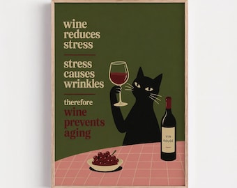 Funny Wine Cat Poster, Funky Black Cat Print, Wine Lover Gift,  Quirky Vintage Kitchen Wall Art