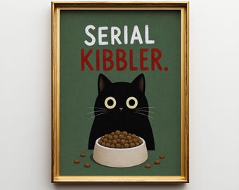 Serial Kibbler Print, Funny Cat Poster, Black Cat Wall Art, Quirky Dopamine Decor, Retro Pet Artwork