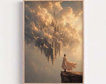 Floating Cloud Kingdom, Fantasy Castle Print, Dreamy Sky City Artwork, Ethereal Wall Decor, Celestial Fantasy Poster