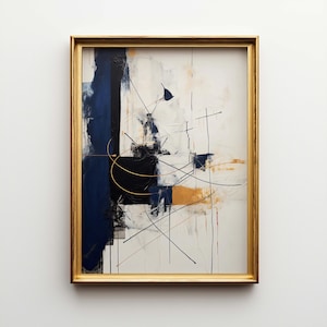Puede incluir: Obra de arte abstracta en un marco dorado. La obra presenta una mezcla de formas y líneas geométricas negras, azul marino y doradas sobre un fondo blanco. La pintura tiene un aspecto texturizado, con pinceladas visibles y pintura en capas.