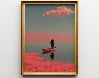 Impresión de arte surrealista, pintura surrealista onírica, paisaje rosa/decoración de pared