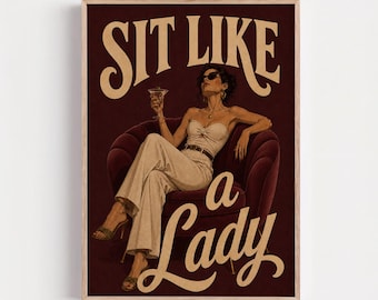 Sassy Glamour Feminine Wall Art, Burgundy Cocktail Print, Vintage Feminist Decor