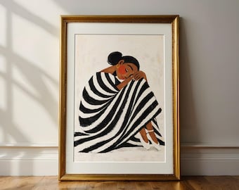 Digital Download – Bold Afro Woman Art Print in Black & White Stripes