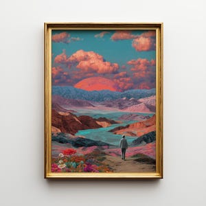 Könnte beinhalten: Ein gerahmter Kunstdruck mit einer surrealen Landschaft und einer Person, die auf einem Pfad geht. Das Kunstwerk zeigt einen lebendigen Sonnenuntergang mit orangefarbenen Wolken, einer großen roten Sonne und farbenfrohen Bergen. Der Rahmen ist goldfarben.