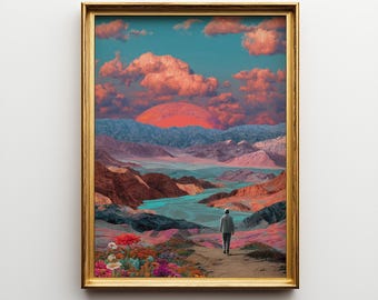 Man Walking Toward Sunset Valley, Surreal Landscape Art, Dreamlike Colorful Decor