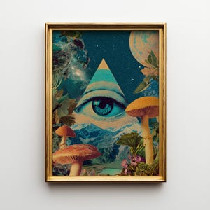 All Seeing Eye In Mushroom Landscape, Surreal Collage Art, Psychedelic Nature Decor