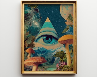Ojo que todo lo ve en un paisaje de setas, arte surrealista de collage, decoración psicodélica de la naturaleza.