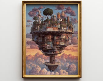 Ciudad flotante sobre las nubes, arte surrealista, decoración de paisaje fantástico