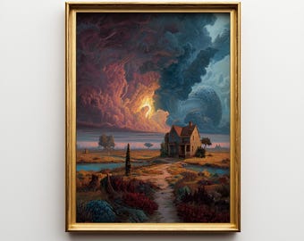 Pintura digital surrealista y colorida, arte mural que captura una escena de paisaje onírico, póster
