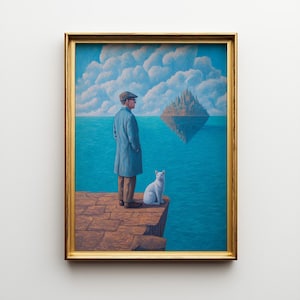 Man Standing With Cat Facing Floating Island, Surreal Art, Dreamlike Landscape, Surrealist Decor