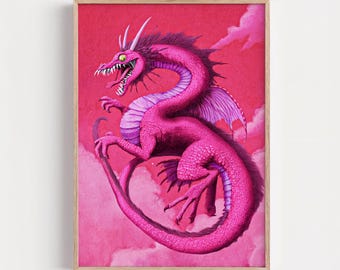 Pink Whimsical Dragon Wall Art, Funny Gothic Poster, Dark Academia Decor
