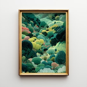 Op de afbeelding: Een ingelijste kunstdruk met een levendig, abstract landschap. Het kunstwerk toont een verscheidenheid aan texturen en kleuren, met tinten groen, geel en roze. De gouden lijst voegt een vleugje elegantie toe aan het stuk.