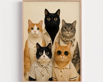 Funny Cat Family Portrait, Funky Dopamine Decor, Cat Lovers Gift