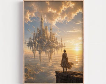 Floating Castle, Fantasy Landscape, Ethereal Sky City, Dreamy Fantasy Art, Magical Wall Decor