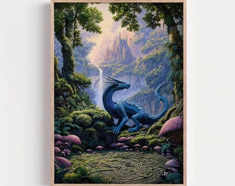 Blue Dragon Fantasy Art Print, Enchanted Forest Poster, Magical Creature Wall Art, Fantasy Landscape Decor
