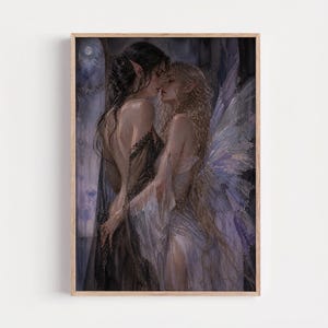 May include: A framed art print depicting two ethereal figures in a tender embrace. One figure has dark hair and is clad in a dark gown, while the other has blonde hair and delicate wings. The artwork is rendered in soft, muted tones.